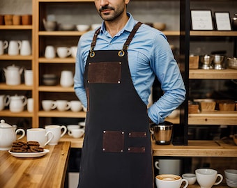Unisex Canvas Apron Baristas and BBQ Unique Design, Stain-Resistant Free Personalized Water-Repellent Vegan Leather Adjustable Straps