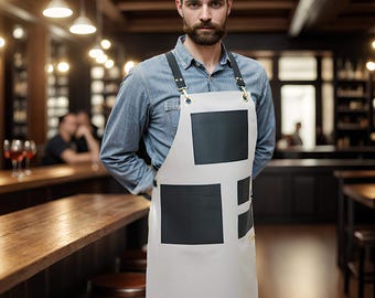 Chef Apron Men Women Large Vegan Leather Pocket Cross Back Adjustable Strap Gray S-XL