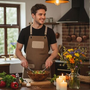 May include: A brown apron with beige straps and accents. The apron is worn over a black t-shirt. The person is holding tongs over a wooden bowl filled with salad. A bouquet of flowers and lit candles are on the table.