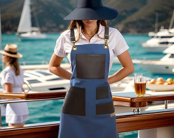 Personalized Canvas Waterproof Apron Women Men Large Vegan Leather Pockets Navy Blue S-XL