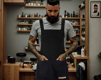 Canvas Kitchen Apron Men Women Big Pocket Water-Resistant BBQ Barber Artist Black S-XL