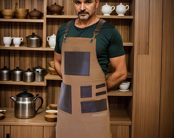 Cross Back Apron Men Women Vegan Leather Straps bakers baristas Adjustable Straps Brown S-XL