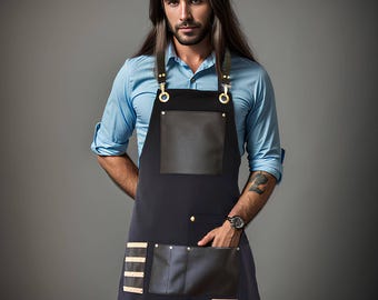 Vegan Leather Apron | Adjustable Straps, Extra Pocket | Men&#39;s Heavy Duty Apron for Barista, BBQ, Crafts, Barber Free Personalized Chef Apron