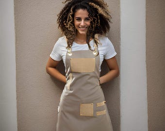 Canvas Apron Vegan Leather Pockets Adjustable Straps Women and Men Kitchen Barbeque Chef S-XL