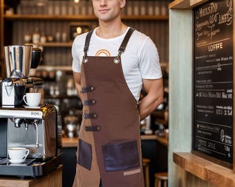 Personalized Barista Apron Men Women kitche, baking grilling bbq Cross Back Straps Brown S-XL