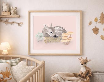 Baby Deer Mushroom Forest Art Print, Whimsical Fawn Nursery Wall Art