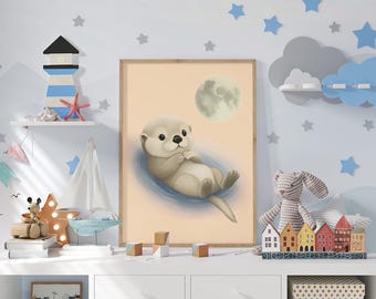 Baby Otter Nursery Print: Luna Under the Moon, Celestial Animal Art