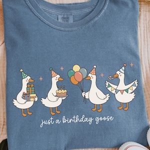 May include: A blue t-shirt featuring a whimsical illustration of four geese wearing party hats. One goose holds a gift, another a cake, and a third holds balloons. The text "just a birthday goose" is printed below the geese.