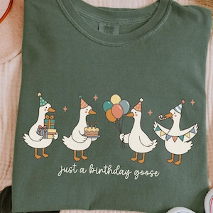 May include: Green t-shirt featuring four cartoon geese celebrating a birthday. Each goose wears a party hat and holds gifts, a cake, balloons, or a banner. The text "just a birthday goose" is below the geese.