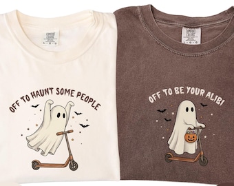 Halloween Couple Matching Comfort Colors Shirts, Funny Ghost Scooter Shirt, Partner In Crime Spooky Season Gift for Boyfriend Girlfriend