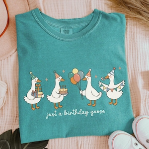 May include: Teal-colored t-shirt featuring a whimsical illustration of four geese wearing party hats. Each goose holds birthday-themed items like gifts, a cake, and balloons. The text "just a birthday goose" is written in cursive below the geese.