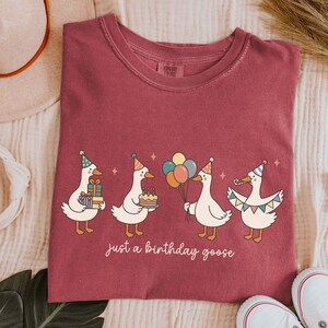 May include: Burgundy t-shirt featuring a whimsical illustration of four geese celebrating a birthday. Each goose wears a party hat and carries gifts, a cake, or balloons. The text "just a birthday goose" is printed below the geese.