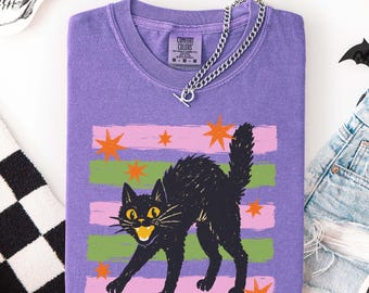 Vintage Black Cat Halloween Shirt, Retro Witchy Cat Tee, Spooky Season Comfort Colors T-Shirt