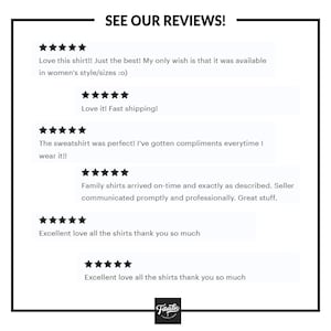 May include: A white graphic display featuring the text SEE OUR REVIEWS! at the top, followed by six five-star customer reviews with text comments about shirts and sweatshirts. The bottom center features a black logo with the text Fitastic.