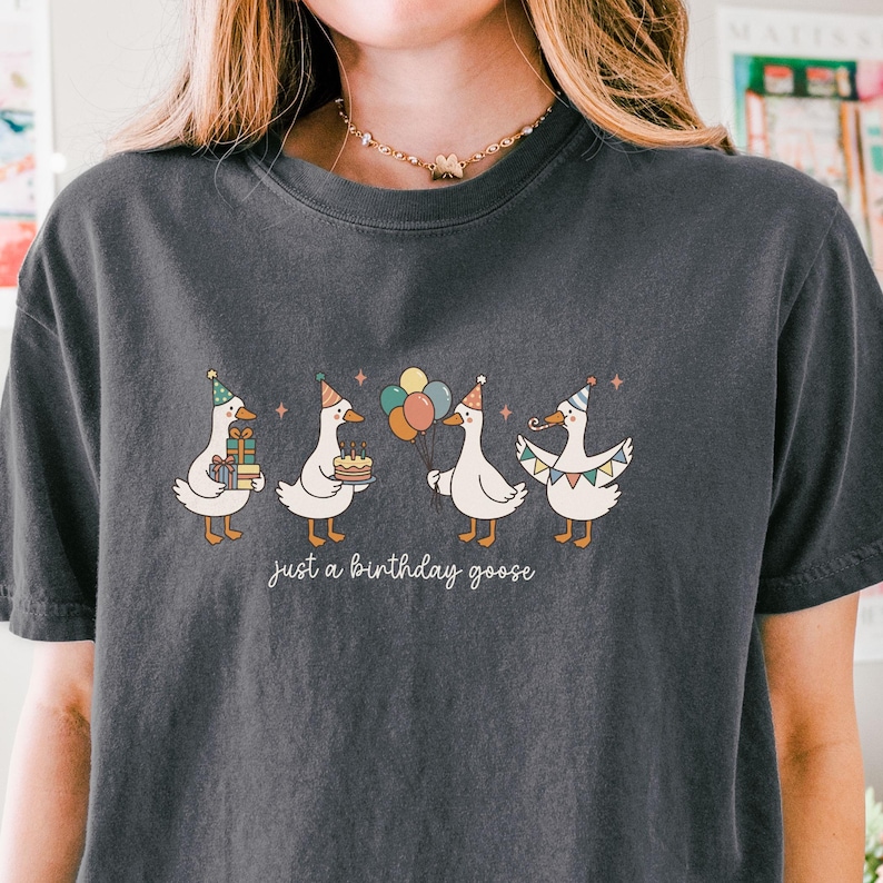 May include: Dark gray t-shirt featuring a whimsical illustration of four geese celebrating a birthday. Each goose wears a party hat and carries gifts, a cake, or balloons. The text "just a birthday goose" is printed below the geese.