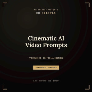 May include: A black digital document cover with gold text reading RH CREATES PRESENTS RH CREATES, Cinematic AI Video Prompts, VOLUME 02 EDITORIAL EDITION, 50 PROMPTS 10 SCENES, and KLING RUNWAY VEO CAPCUT, featuring subtle dark circular patterns.