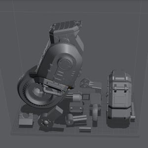 May include: A gray, disassembled robot model, showcasing various components like a leg, torso, and smaller mechanical parts. The model is displayed inside a clear container, highlighting its intricate design and construction.