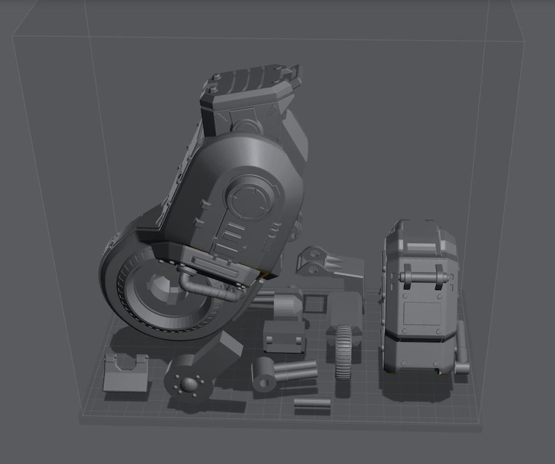 May include: A gray, disassembled robot model, showcasing various components like a leg, torso, and smaller mechanical parts. The model is displayed inside a clear container, highlighting its intricate design and construction.