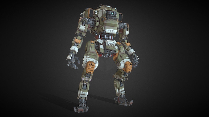 May include: A detailed 3D render of a military-style robot. The robot is primarily olive green, with orange and white accents. It has a complex design with visible mechanical components and is posed in a standing position.