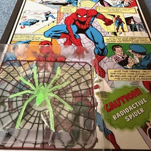 Pu&ograve; includere: Una action figure di Spider-Man in una confezione di plastica trasparente, con un giocattolo a forma di ragno radioattivo verde. La confezione presenta illustrazioni di fumetti e le parole "The Amazing Spider-Man" e "Caution! Radioactive Spider."