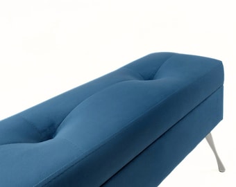 Blauwe ADELE bank met opberger van Rossi Furniture - chromen poten handgemaakt /45 cm hoogte