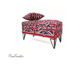 Trunk LONDON bench 80 cm x 35 cm , upholstered HANDMADE made by Rossi Furniture Only 1 available in this fabric !!!!!! - pillow included-