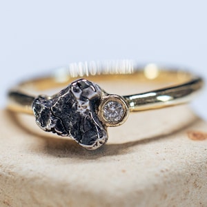 14K gold meteorite ring set with 1.8mm natural white diamond. Unusual women meteorite engagement ring. Real campo del cielo meteorite ring