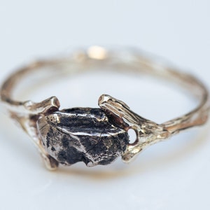 Bague en argent avec météorite. Bague brindille de météorite Campo del cielo. Bague de fiançailles inspirée de la nature, bague à superposition douce. Bague branche d&#39;arbre