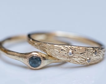 Juego de anillos de boda de oro macizo de 14 quilates inspirados en la naturaleza para él y para ella