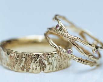 Juego de anillos de boda de oro macizo de 14 quilates inspirados en la naturaleza para él y para ella