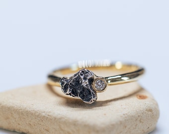 14K gold meteorite ring set with 1.8mm natural white diamond. Unusual women meteorite engagement ring. Real campo del cielo meteorite ring