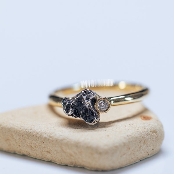 14K gold meteorite ring set with 1.8mm natural white diamond. Unusual women meteorite engagement ring. Real campo del cielo meteorite ring