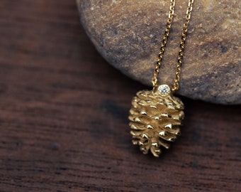 14K solid gold pinecone necklace with 1.4mm diamond bezel setting, natural diamond necklace. Real diamond pendant necklace. Pinecone pendant