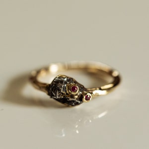 May include: A gold ring featuring a textured, dark metallic central element with two small, round, vibrant red gemstones embedded within the surface. The band has a polished gold finish with an organic, uneven, and slightly irregular shape.