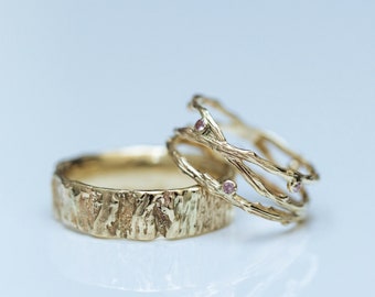 Conjunto de anillos de boda de oro macizo de 14 quilates inspirados en la naturaleza, para él y para ella.