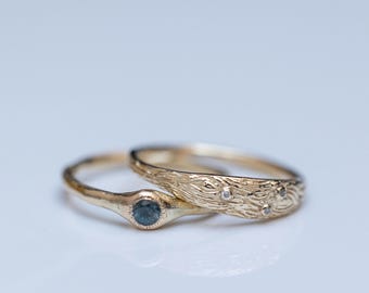 Conjunto de anillos de boda de oro macizo de 14 quilates inspirados en la naturaleza, para él y para ella.