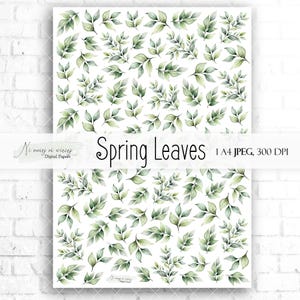 Może przedstawiać: Cyfrowy papier z bezszwowym wzorem zielonych liści akwarelowych na białym tle. Tekst "Spring Leaves" jest wyświetlany u góry obrazu.