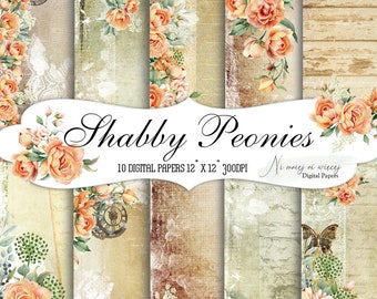 Shabby Peonies collection, floral digital papers, shabby chic, green and orange digital papers, orange peonies vintage digital papers