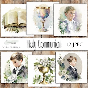 Holy Communion boys watercolor images, printable digital graphics, downloadable Forst Communion boy compositions, cliparts