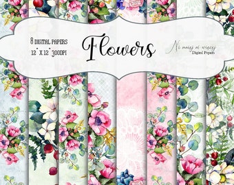Flowers collection, printable floral paternn digital papers, JPEG lace paper pack, digital papers with flowers