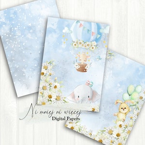 A4 Little Man collection, printable digital papers with baloons, bears, clouds and bunnies, papers for baby boy, blue and green graphics