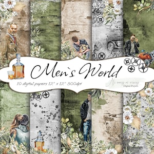 Men's World collection, printable digital papers, JPEG paper pack for men, themed paper, scrap vintage pages, gentelman digital set