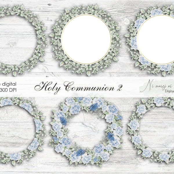 Holy Communion 2 wreaths, blue flowers wreath, PNG wreaths for invitations, communion blue flowers, wedding communion card making