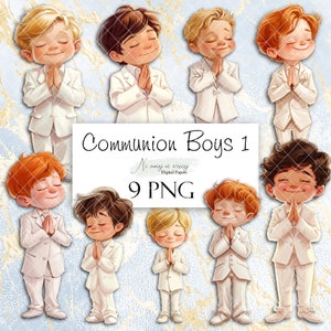 First Communion boys 1- collection of PNG watercolor cliparts, printable digital clipart on white background, boys with praying hands
