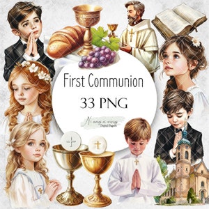 First Communion collection of PNG watercolor cliparts, printable digital clipart on white background, Holy Communion kids, religious images