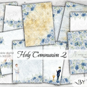 Holy Communion 2 collection, printable digital paper, blue scrapbooking paper pack, downloadable A4 floral blue gray gold papers