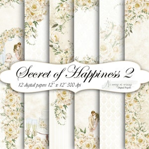Secret of Happiness 2 - beige collection, printable wedding digital papers, JPEG scrapbooking paper pack, ivory digital papers with flowers