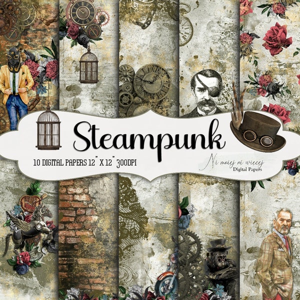 Steampunk collection, printable digital papers, JPEG paper pack with men, steampunk themed paper, scrap vintage pages
