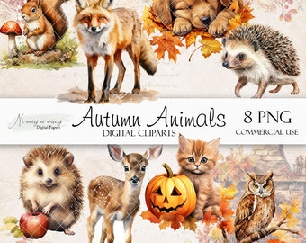 Autumn animals collection of cliparts, PNG watercolor fall graphics, commercial use