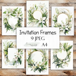 Invitation Frames, printable digital wreaths with white lilies for invitations, downloadable green leaves invitation backgrounds